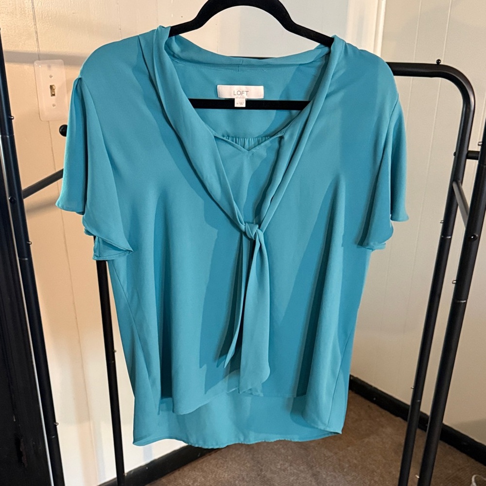 LOFT Teal Tie-Front Flutter Sleeve Blouse